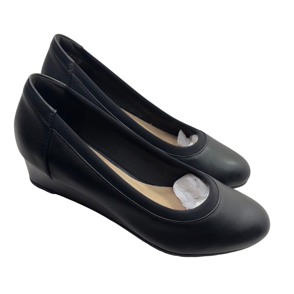 Clarks Collection Mallory Berry Black Leather Wedge Pumps Womens 8.5 M 26145334